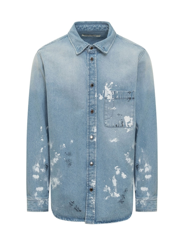 Painting Effect Chest Pocket Denim Shirt