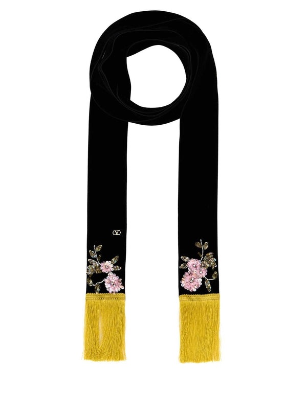 Flower Bead Embroidered Velvet Scarf