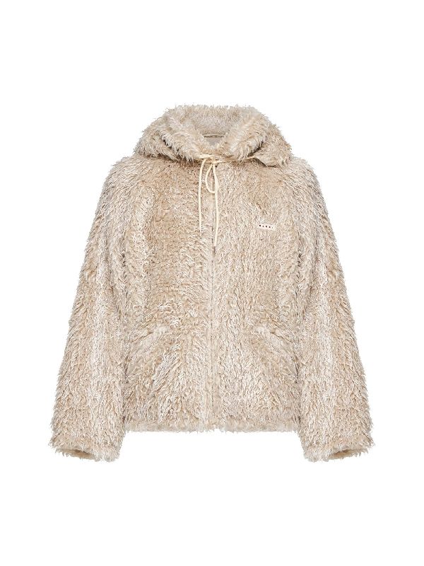 Logo Patch Faux Fur Hooded
  Jacket