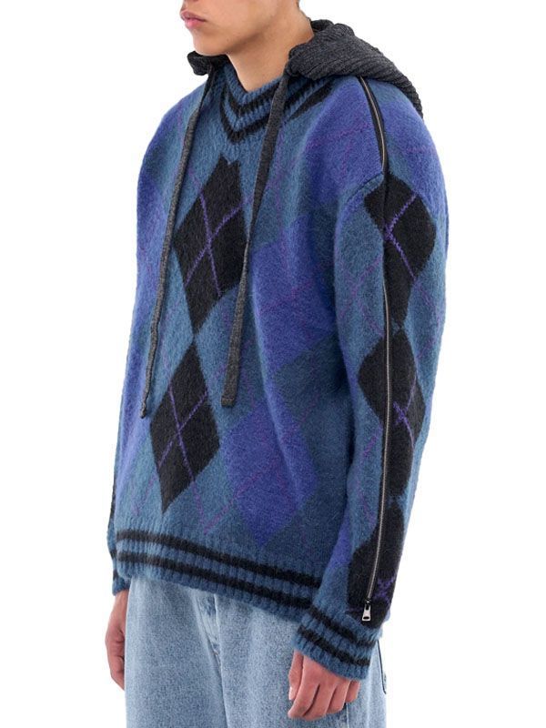 Zipped Argyle Pattern Hooded sweater