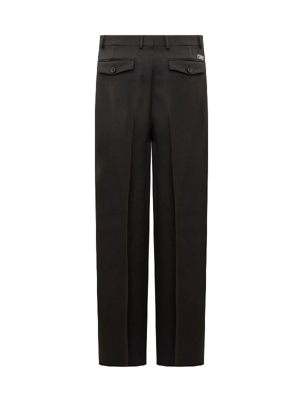 Back Logo Patch Pleated Wool Pants