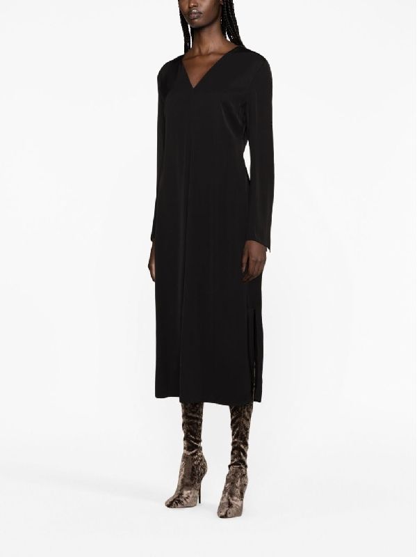 Black Viscose V-Neck Dress