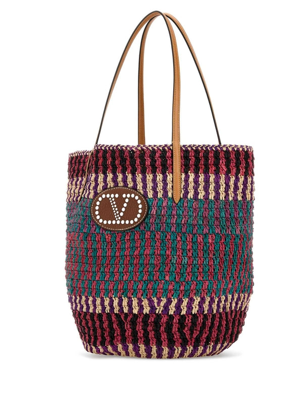 V Logo Patch Raffia Tote Bag