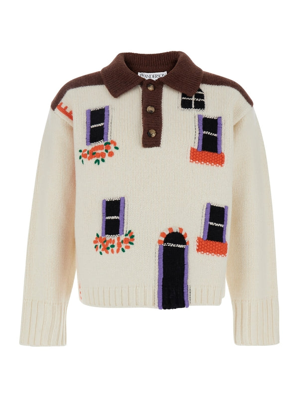 'House' White Polo Shirt Style Sweater with Embroidery on the Front in Wool Man Knitted