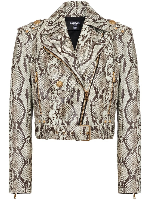 Snake Effect Leather Biker Jacket