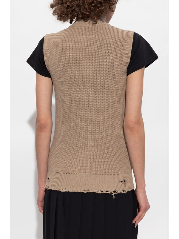 Stitch Detail Sleeveless Knit Zip-Up