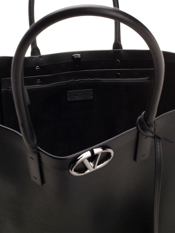 V Logo Leather Tote Bag