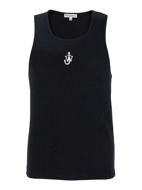 Black Sleeveless Top with Logo Embroidery on the Front in Cotton Man Sleeveless