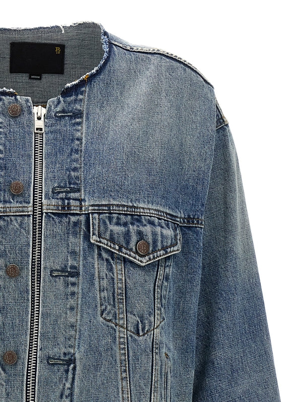 Collarless Zip-Up Denim Jacket