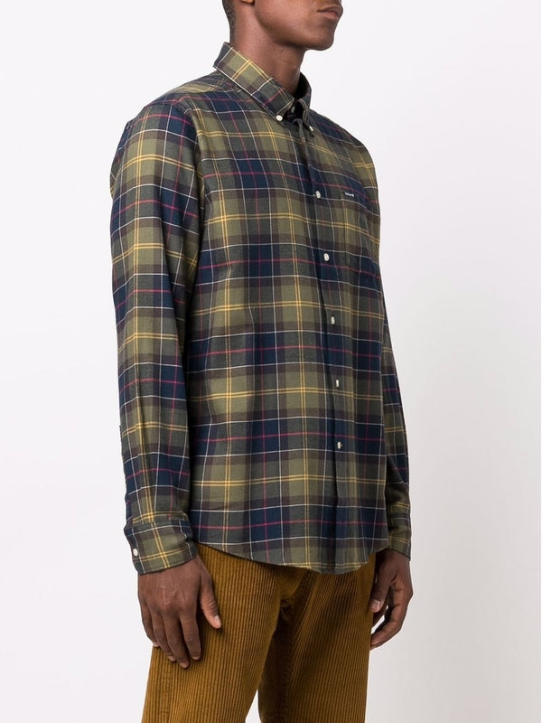 Logo Embroidery Pocket Check Pattern Cotton Shirt