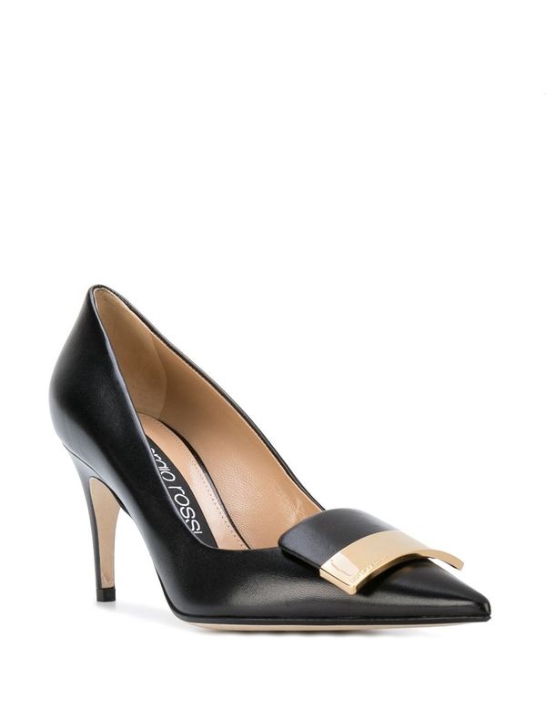 Point Toe Metal Detail Leather Pumps Heel