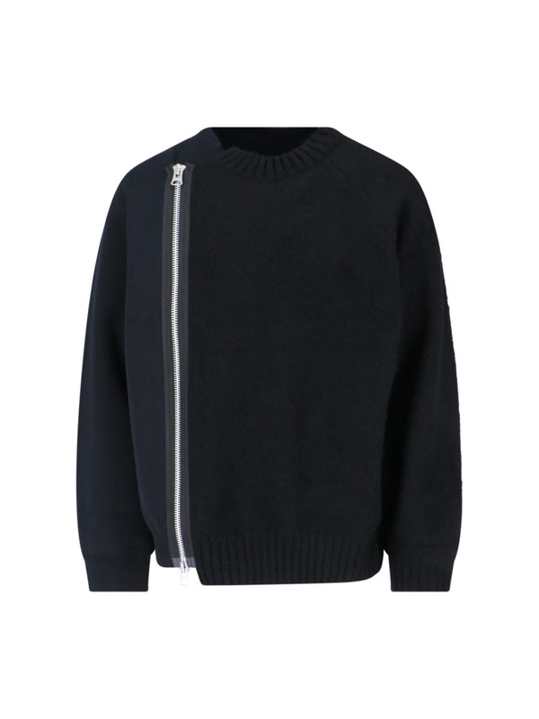 Zip-Up Wool Crewneck Knit