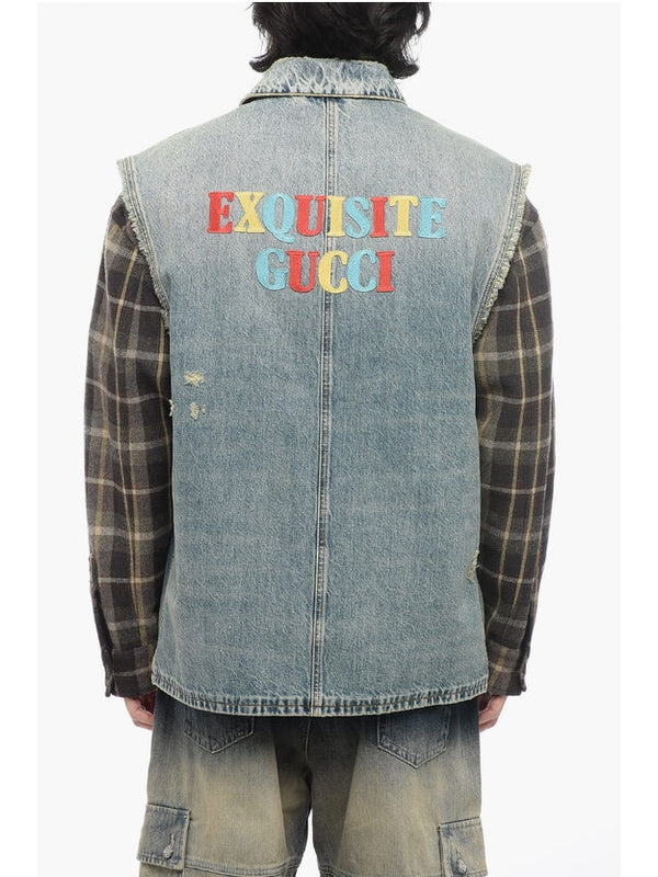 Check Shirt Sleeve Denim Jacket