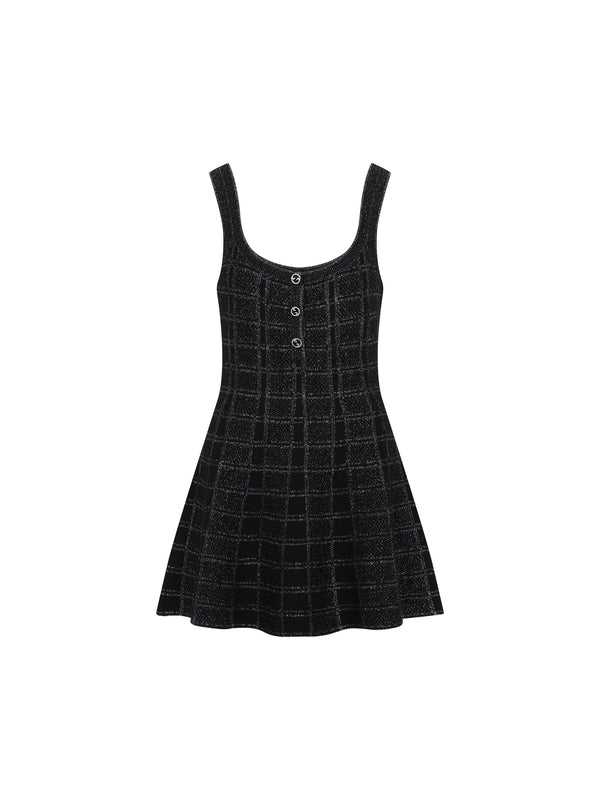 Check Pattern Logo Button Tweed Mini Dress