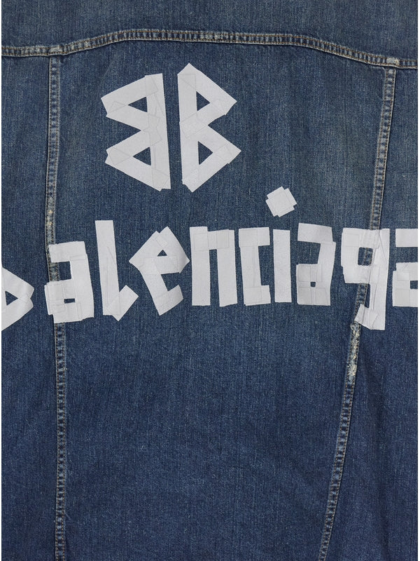 Blue Jacket with Classic Collar and Maxi Logo Print on the Rear in Denim Man Trucker