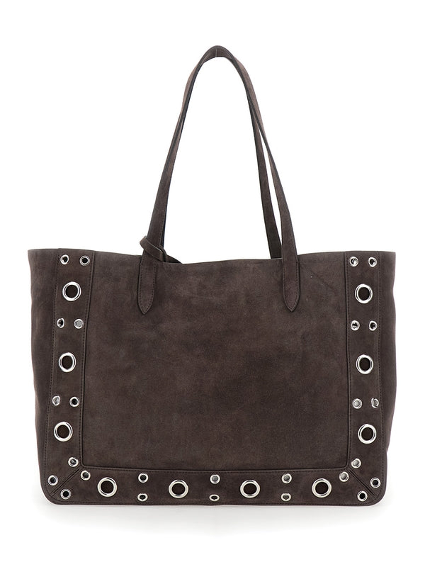 'Nellcote' Brown Tote Bag with VLogo Plaque on the Front and Stud Embellishments in Suede Woman Tote Bags
