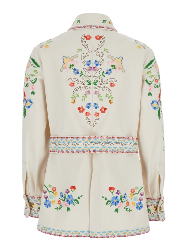 All-Over Embroidered Belted Denim Jacket