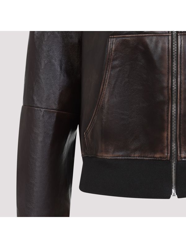 Logo Detail Hood Leather Jacket