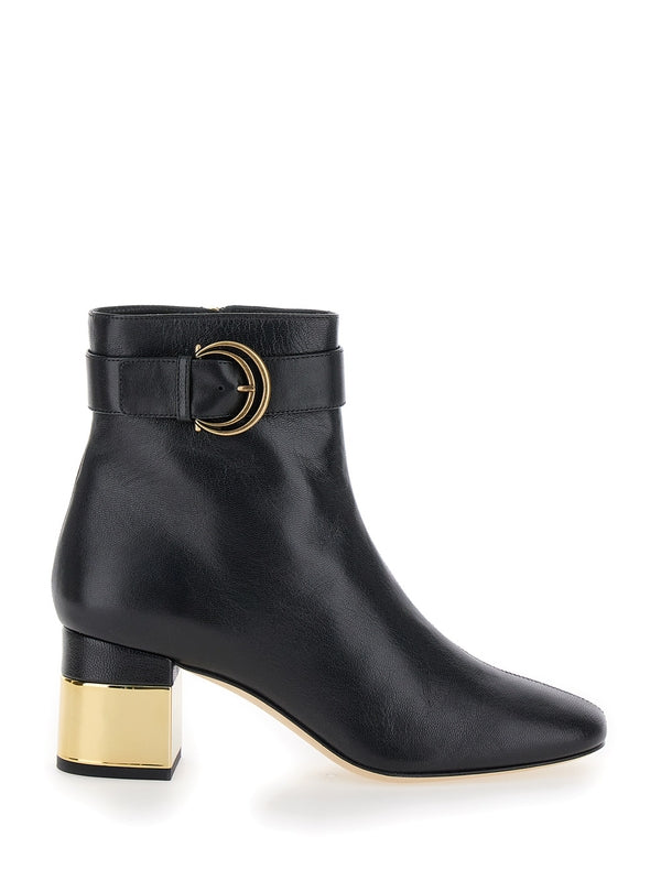 Alize Black Ankle Boots with C Buckle in Smooth Leather Woman Ankle Boots