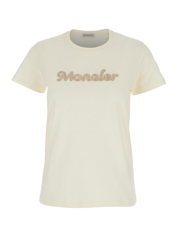 White T-Shirt with Embroidered Logo on the Front and Logo Patch on the Sleeve in Cotton Woman Half Sleeve