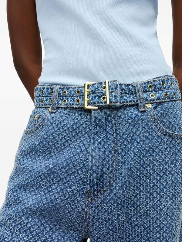 All Over Pattern Eyelet Belted Denim Pants