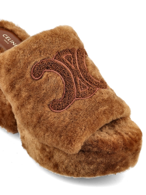 Triomphe Logo Shearling Platform Sandal Heels