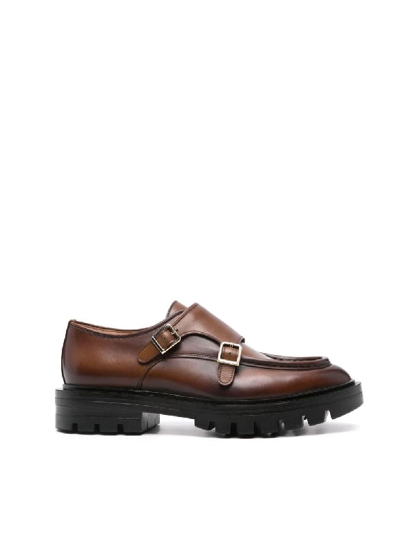 Double Buckle Leather Loafers