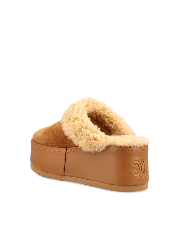 Triomphe Logo Shearling Wedge Mules