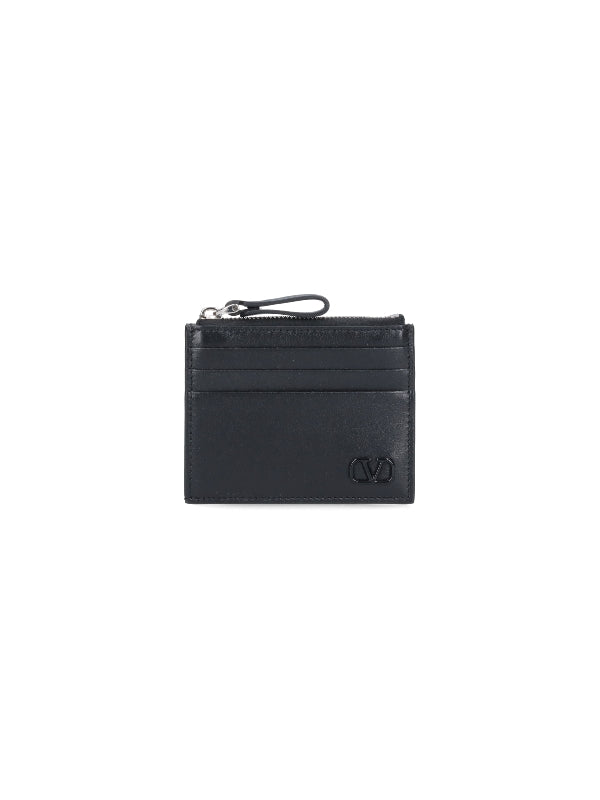 V Logo Leather Zipper Pocket Card Wallet