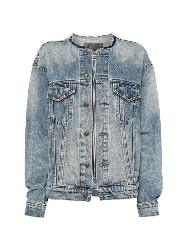 Collarless Zip-Up Denim Jacket