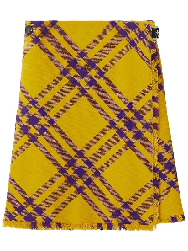 Belted Check Wool Fringe Skirt