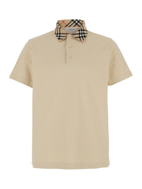 Beige Polo with Vintage Check Collar in Cotton Man Polo Shirts