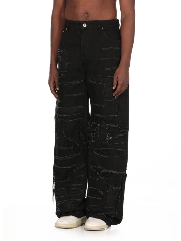 Distress Detail Wide Denim Pants