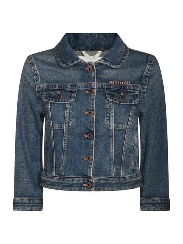 Logo Embroidered Cropped Cotton Denim Jacket