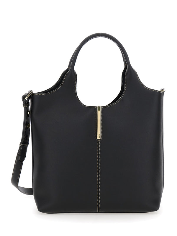 Black Shoulder Bag with Metal Bar with Logo in Leather Woman Tote Bags