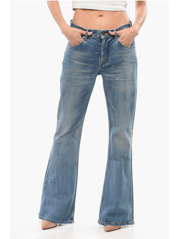 Mid Washed Bootcut Denims with Fringed Hem 30cm Denim Pants