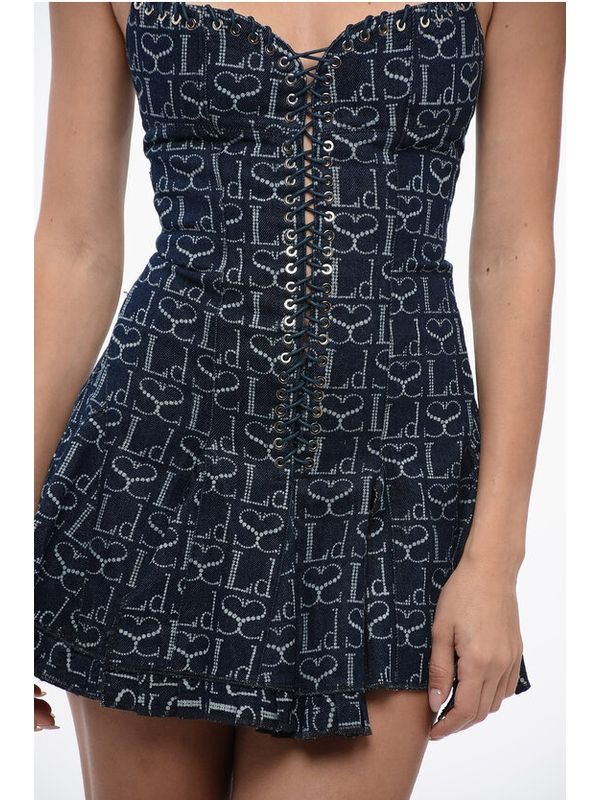 Monogram Sleeveless Lace-Up Denim Dress