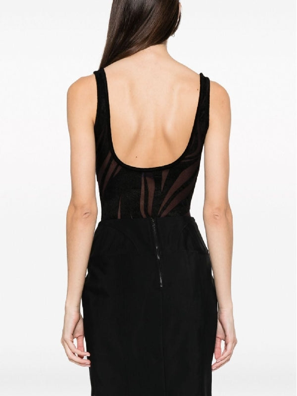 Chenille Sheer Panel Scoop Neck Bodysuit