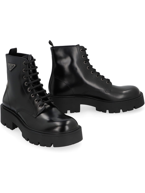 Triangular Logo Leather Laceup Boots