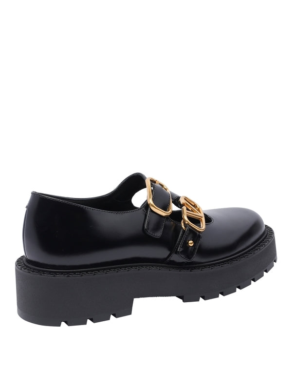 V Logo Buckle Mary Jane Leather Loafers