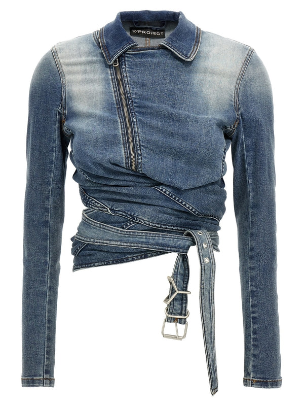 Wrap Fitted Zip-Up Denim
  Jacket