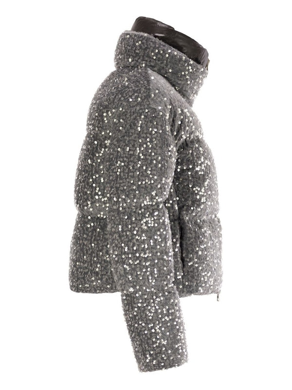 All-over Sequin High-neck Velvet Padded Jacket