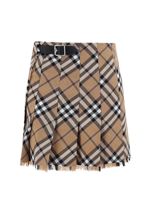 Belt Check Pleated Wool Blend Mini Skirt
