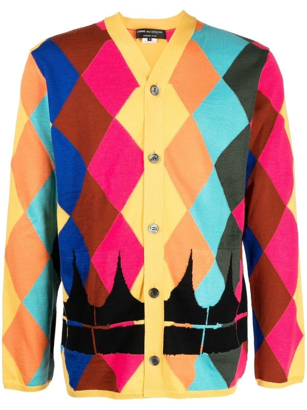 Diamond Color Pattern V-Neck Wool Cardigan