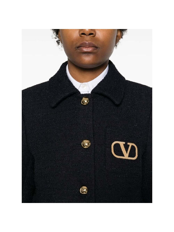 V Logo Embroidered Tweed Jacket