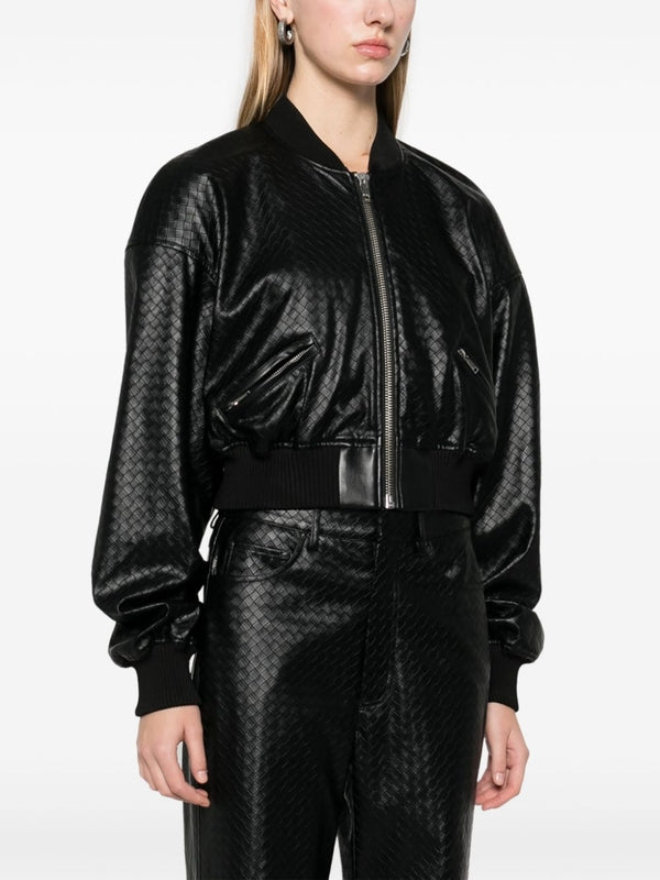 Weaving Effect Fake Leather Bomber Jacket