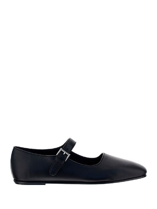 Black Leather Mary Jane Flat Shoes