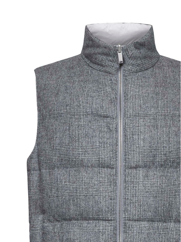 Check Pattern High Neck Wool Blend Padded Vest