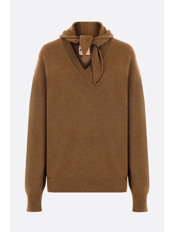 Tie Accent V-Neck Cashmere Wool Knit