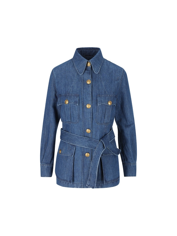 Button-up Belt Detail Denim Shirt
